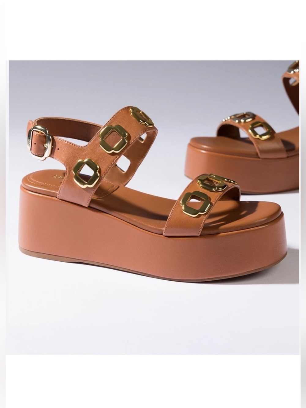 Larroudé Milan Grommet Women’s Platform Sandals, Tan & Gold Buckle Accents